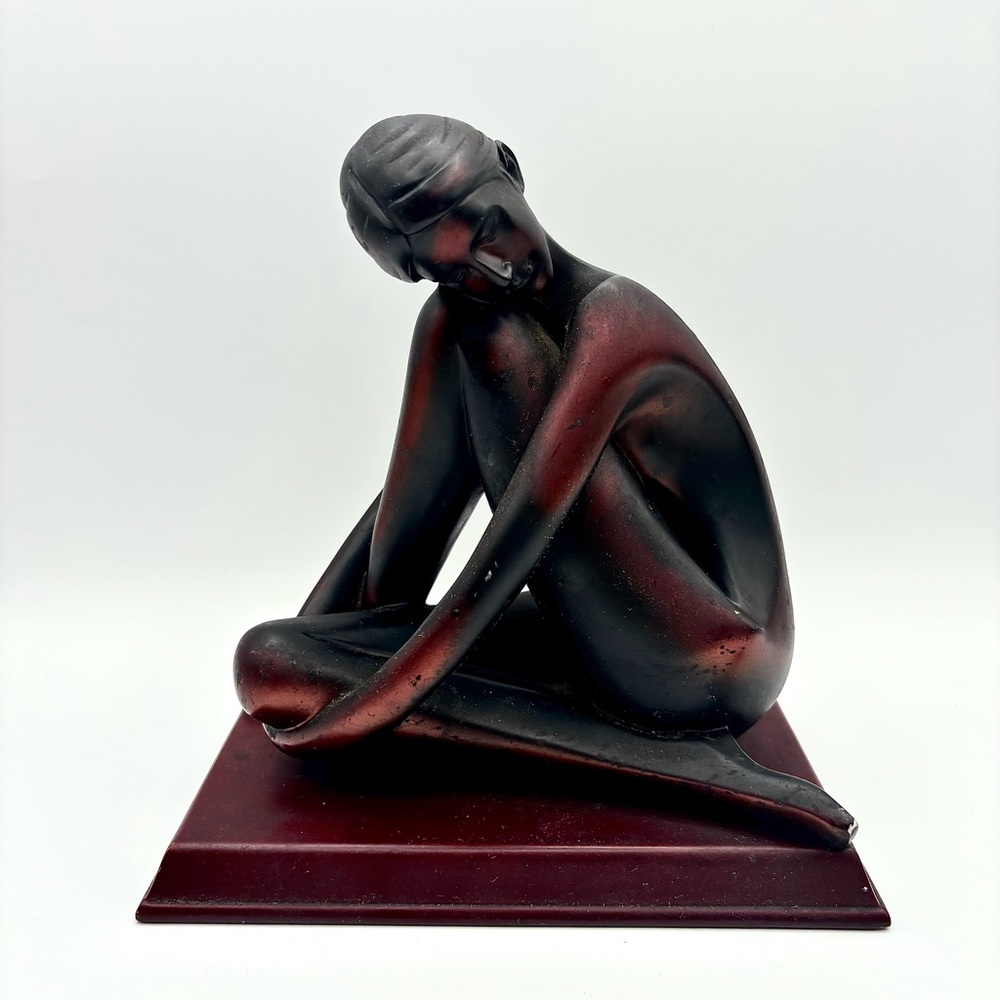 Bronze Toned Posing Woman Sculpture / Figurine On Wood Base